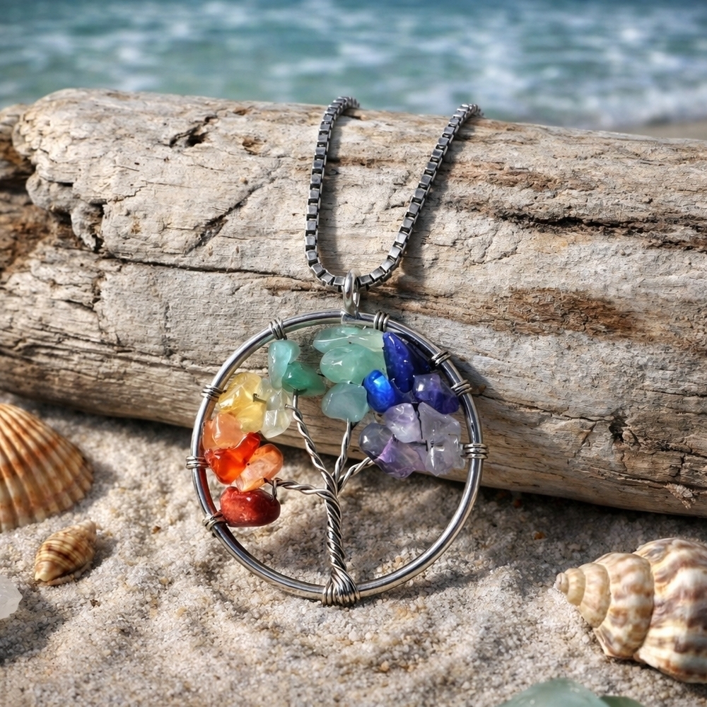 Handmade Chakra Tree Of Life Crystal Pendant Stainless Steel Boho Chic Necklace